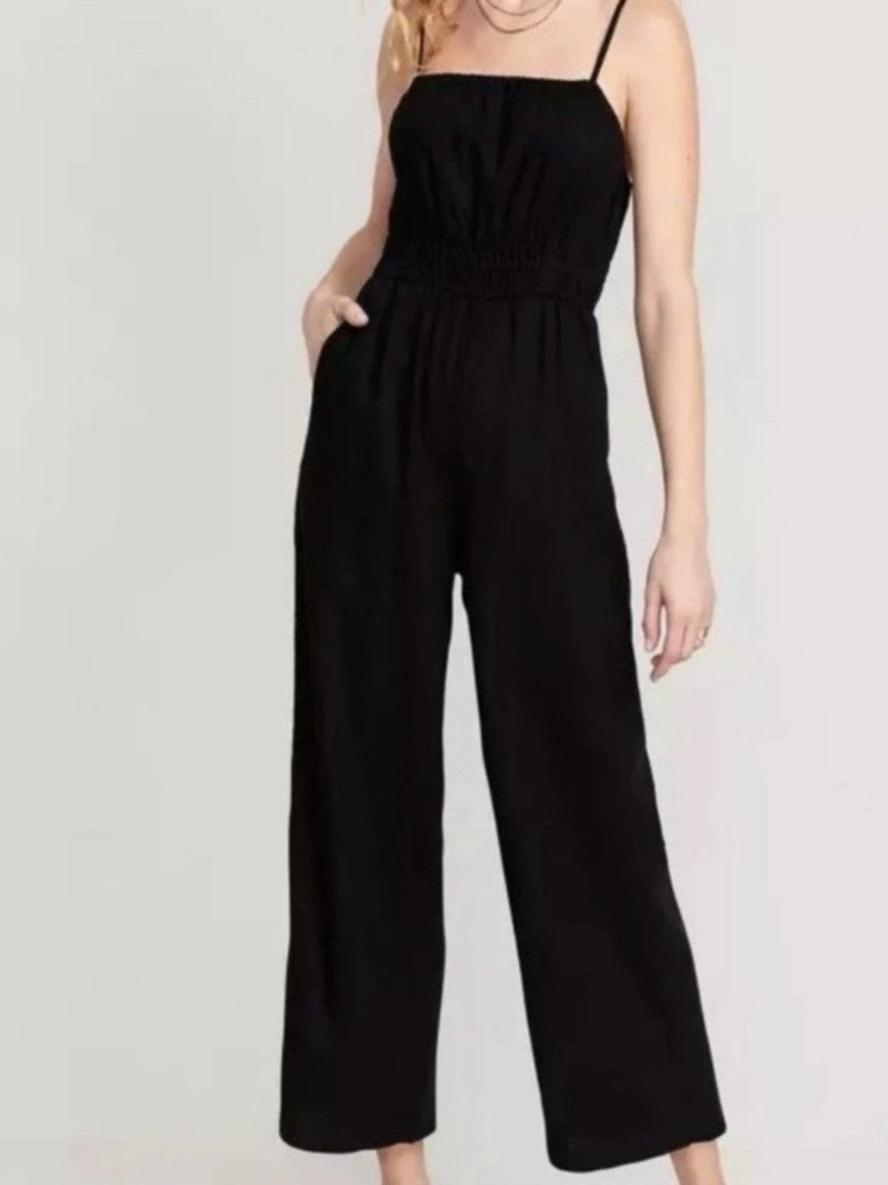 Black Wide-Leg Capri Jumpsuit with Spaghetti Straps